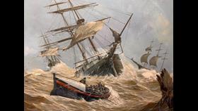Painting of the Bridlington RNLI Lifeboat 'Robert Whitworth' during the Great Gale, by artist Don Micklethwaite on display at Bridlington Lifeboat Station.