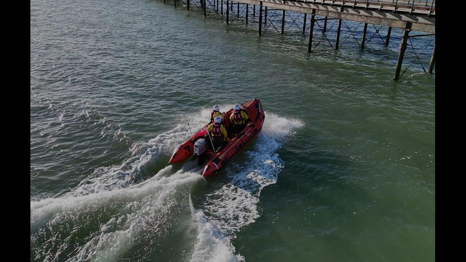 Arial photo of Southend lifeboat D-771 William Henderson launched and underway with three crew