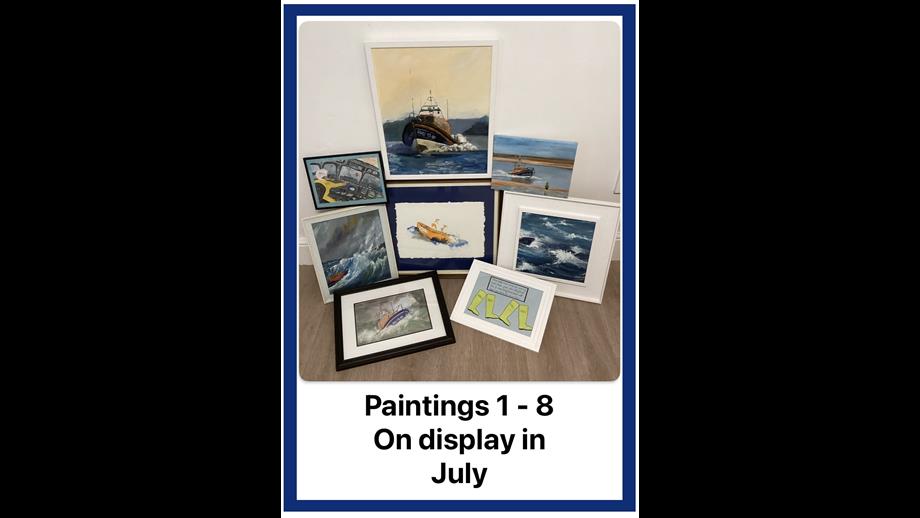 Exmouth RNLI art auction paintings on display in the RNLI shop in July