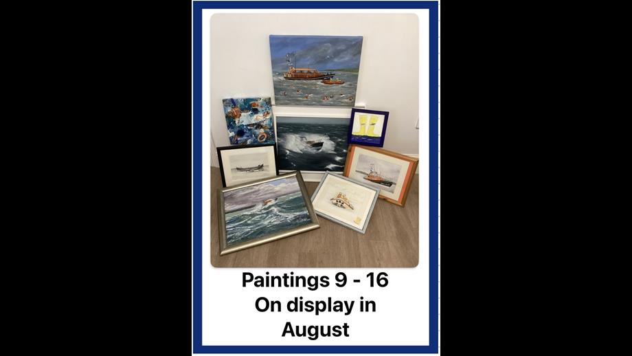 Exmouth RNLI art auction paintings on display in the RNLI shop in August