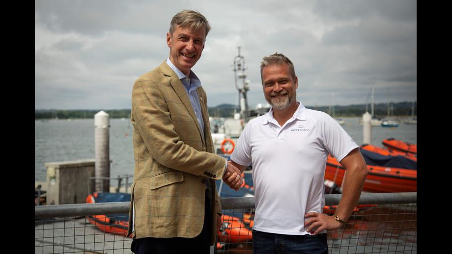Peter Sparkes, RNLI Chief Executive (left) and Jelte Liebrand, Savvy Navvy Founder and CEO (right) meeting at RNLI in Poole.
