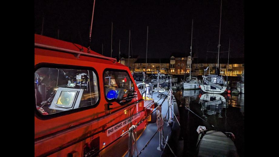 The photo shows Barry Dock's ALB Shannon lifeboat at temporary moorings in Penarth Marina while the dock at Barry has dredging work undertaken