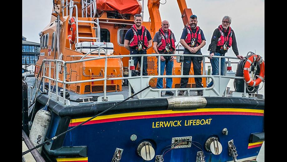 Crew members (l to r) Paul Hutchison, Tommy Goudie, Craig Webb and Peter Kerr on Lerwick Lifeboat at the RNLI's All Weather Lifeboat Centre in Poole, Dorset.