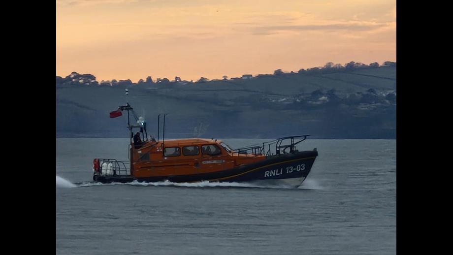 Exmouth RNLI Shannon all-weather lifeboat, R&amp;J Welburn arriving back in Exmouth