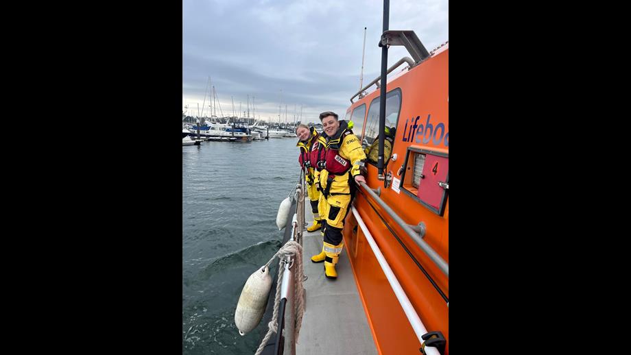 Susan Beaton (front) with crew mate on the Shannon class lifeboat in Poole