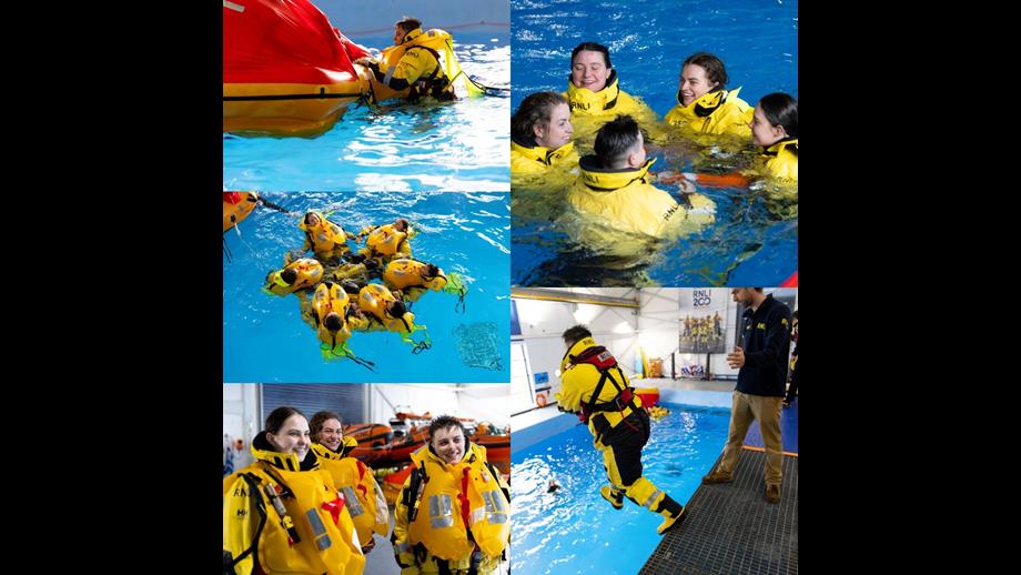 Cluster image featuring Susan Beaton in sea survival pool at RNLI College, Poole