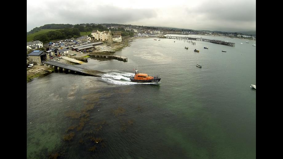 Swanage all-weather lifeboat launching from Swanage Lifeboat Station