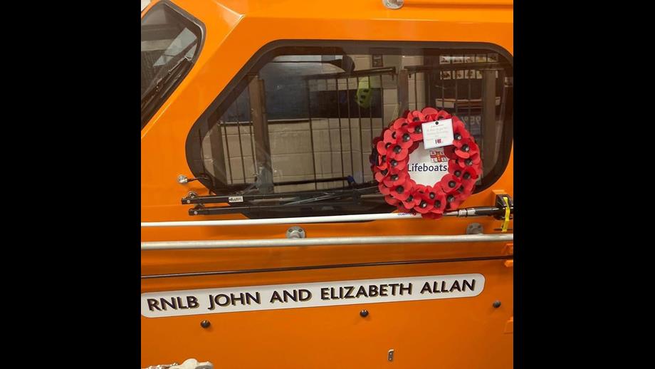 RNLB John and Elizabeth Allan Seahouses RNLI Shannon class lifeboat with memorial wreath