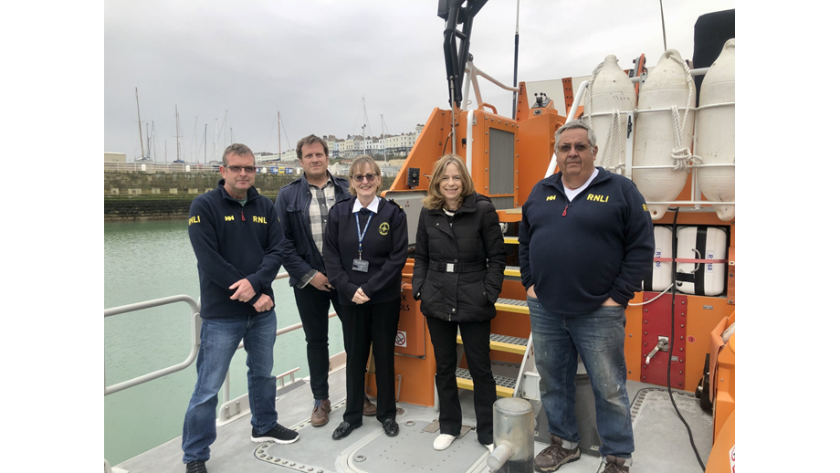 Left to Right Coxswain Ian Cannon, Helmsman Mark Bray, Yvonne Smith NCI Management Secretary, Lord Lieutenant Lady Colgrain, 2nd Mechanic Clive Nicholls.