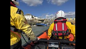 View from Lymington Lifeboat of beached yacht at Milford-on-Sea