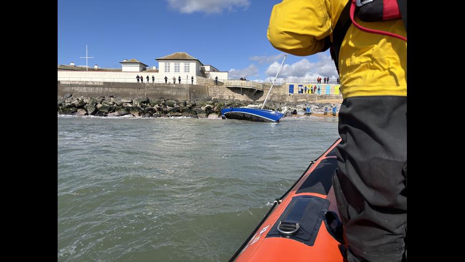 View from Lymington Lifeboat of beached yacht at Milford-on-Sea