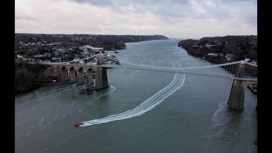 Beaumaris Atlantic 85 lifeboat passing under the Menai Bridge