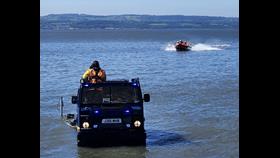 The lifeboat can be seen approaching the BV launch vehicle for recovery in West Kirby
