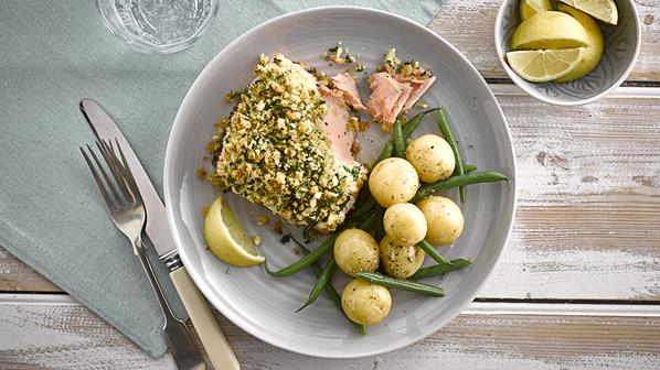 Herb crumb topped salmon with new potatoes, green beans and lemon 