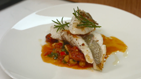 Derry Clarke’s Seared John Dory with Spicy Chick Peas & Chorizo