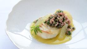 Seared haddock with brown shrimp, capers, lemon and parsley