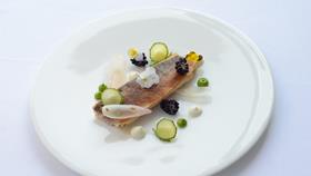 Spiced mackerel wrapped in pastry with picked vegetable, blackberries, and yoghurt