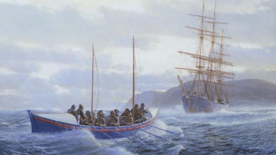 An oil painting of the Lynmouth lifeboat Louisa by artist Mark Myers