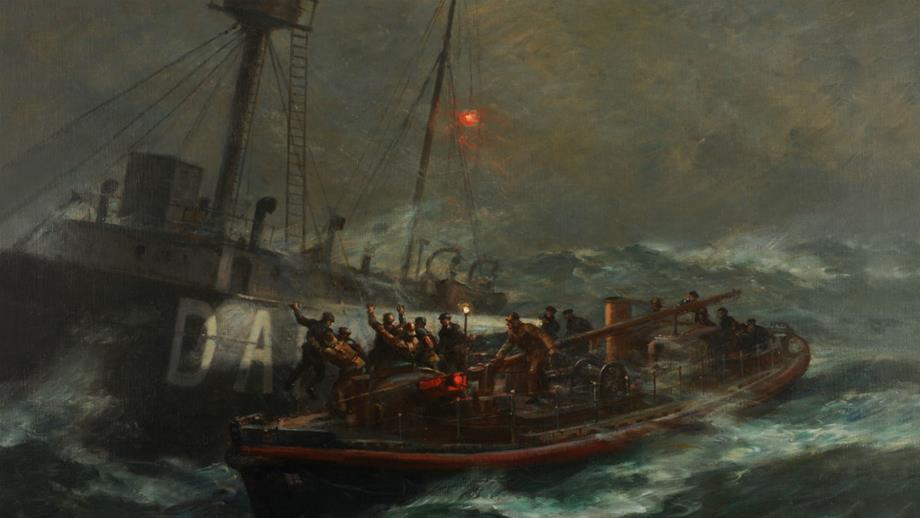 Bernard Gribble painting of the Ballycotton lifeboat rescuing the crew of the Daunt Rock lightahip.