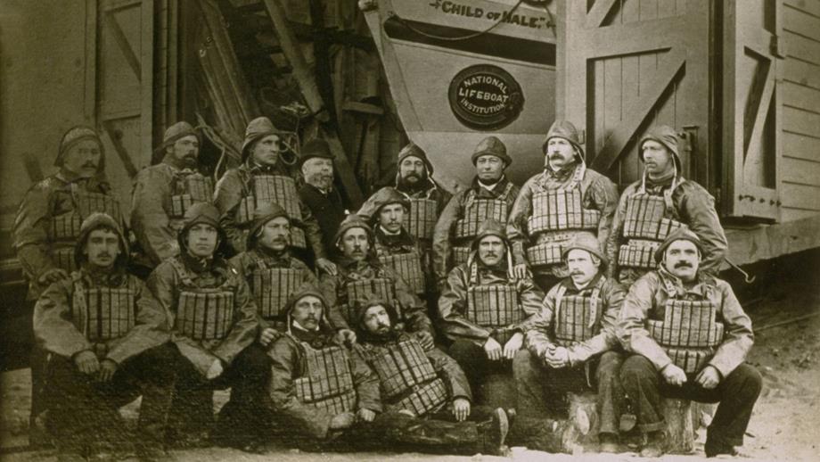 Crew of Fleetwood station wearing cork lifejackets and sou'westers circa 1890.