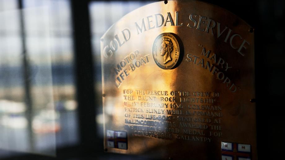 Gold Medal service plaque at Ballycotton Lifeboat Station, awarded to Patrick Sliney for the Daunt Rock rescue.