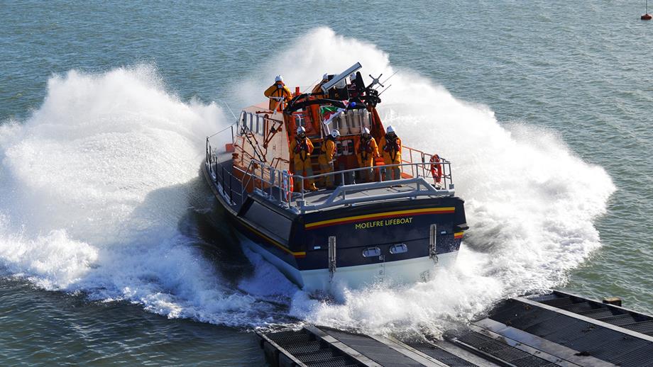Moelfre Tamar class lifeboat launching down the slipway