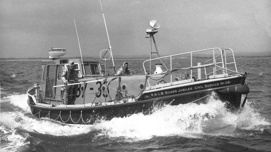 RNLI lifeboat Royal Silver Jubilee in choppy seas, 1977