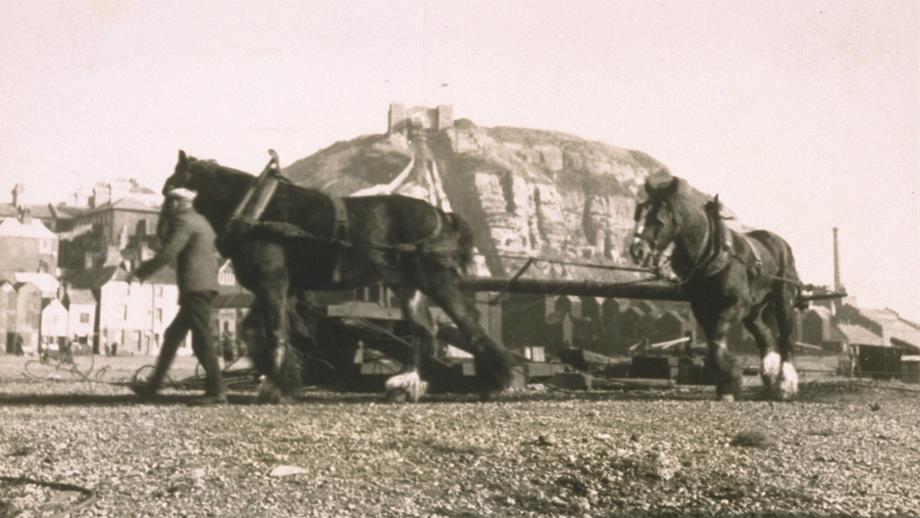 Newquay lifeboat being pulled by horses in 1933