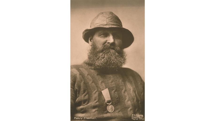 Whitby Coxswain Henry Freeman displaying his gallantry medal