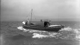 Black and white image of Clogher Head lifeboat, George and Caroline Ermen, while on trials