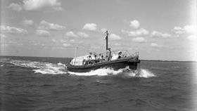 Black and white image of Portrush lifeboat, Lady Scott (Civil Service No.4), while on trials