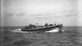 Black and white image of Rosslare Harbour lifeboat, Mabel Marion Thompson, while on trials