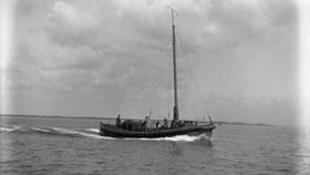 Black and white image of Rosslare Harbour lifeboat, K.E.C.F., while on trials