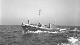 Black and white image of Reserve lifeboat (Fenit), Peter and Sarah Blake, while on trials