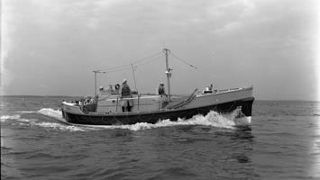 Black and white image of Caister lifeboat, The Royal Thames, while on trials