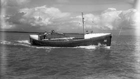 Black and white image of Redcar lifeboat, City of Leeds, while on trials