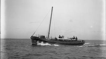 Black and white image of Cromarty lifeboat, James MacFee, while on trials