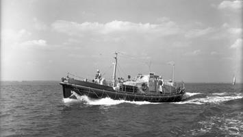 Black and white image of Whitehills lifeboat, Helen Wycherley, while on trials