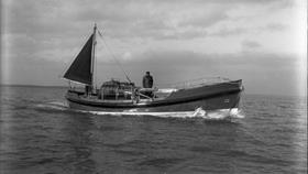 Black and white image of Hythe lifeboat, Viscountess Wakefield, while on trials
