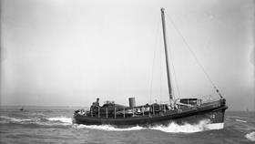 Black and white image of Fishguard lifeboat, White Star, while on trials