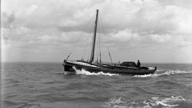 Black and white image of Tenby lifeboat, John R. Webb/RM/Hearts of Oak, while on trials