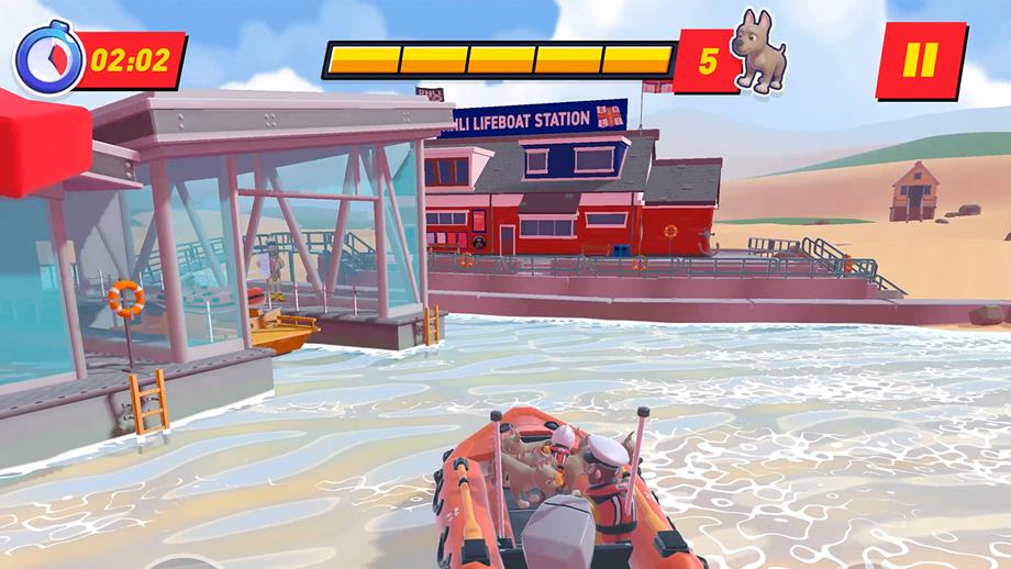 A scene from the RNLI Storm Force Rescue game showing a D class inshore lifeboat crew in shallow water with rescued dogs onboard