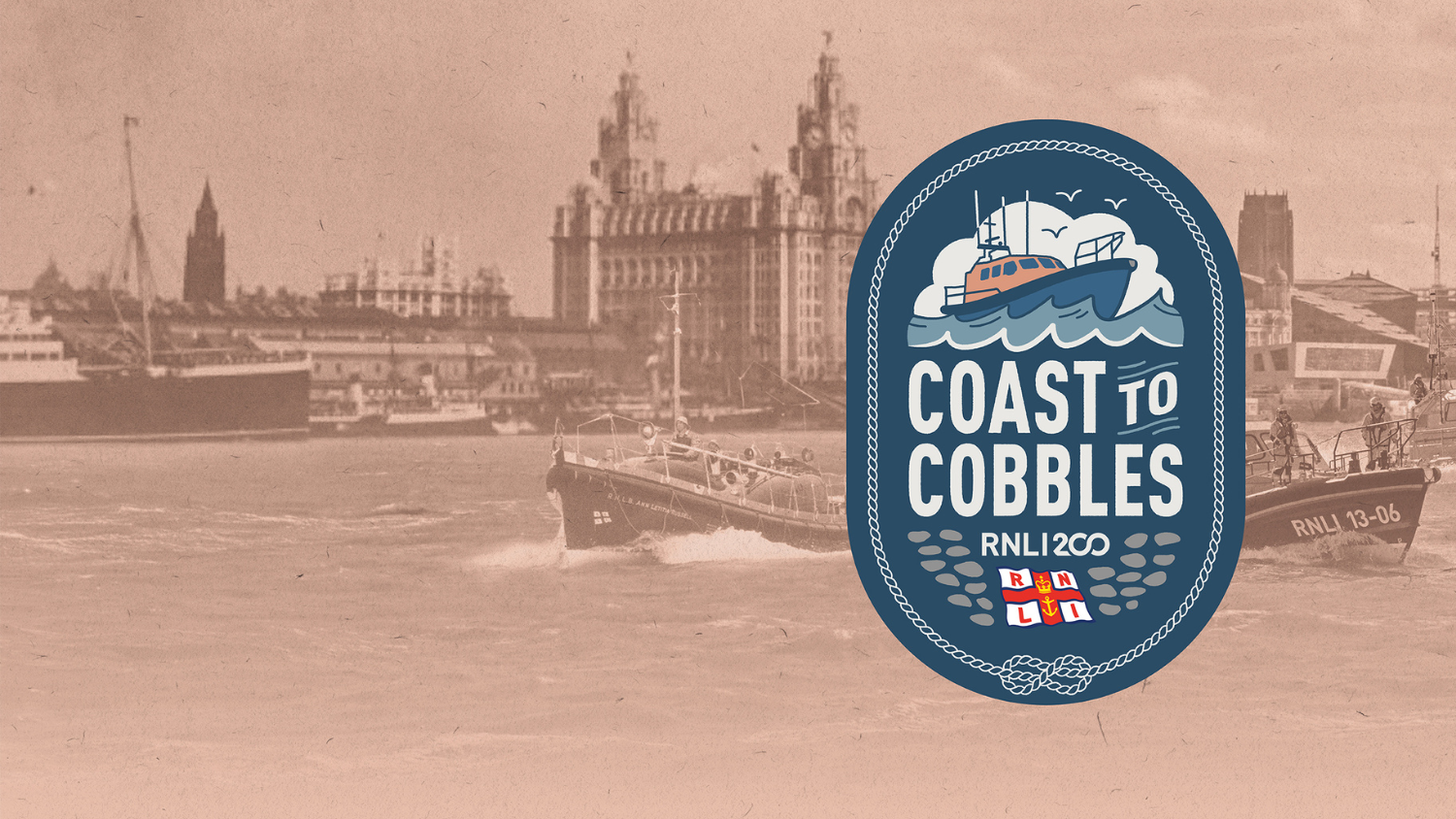 RNLI coast to cobbles logo in front of a historic lifeboat on the river Mersey