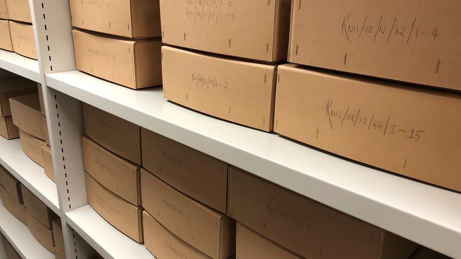 Colour image of archive boxes on shelf