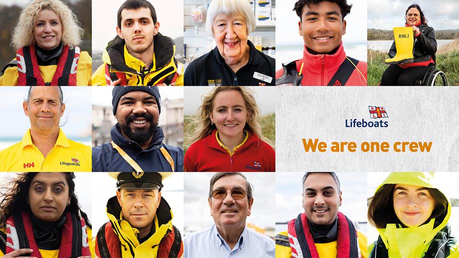 We are one crew image of different face shots of RNLI volunteers and staff