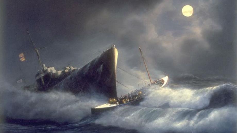 Painting of the Chebogue rescue in 1944: Lifeboat crew from The Mumbles aboard Edward, Prince of Wales rescued 42 crew mambers from the Chebogue during hurrricane conditions.  Artist unknown.