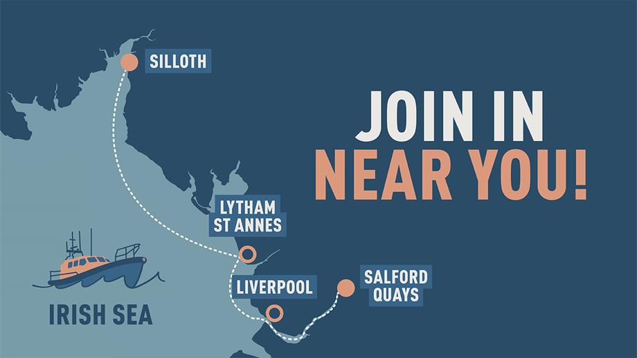 Map showing the route of the RNLI Coast To Cobbles lifeboat, starting at Silloth in Cumbria, then along the Irish Sea coast to Lytham St Annes in Lancashire, then on to Liverpool in Merseyside, then along the River Mersey and Manchester Ship Canal to the finishing point at Salford Quays in Greater Manchester