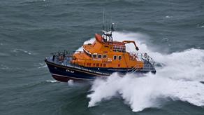 Kirkwall RNLI’s Severn class lifeboat, Margaret Foster 17-13, powering through the sea