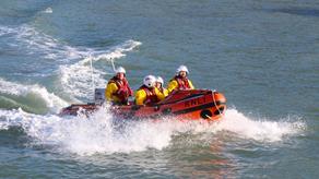 Ilfracombe's D class lifeboat, The Deborah Brown III, at sea with crew onboard
