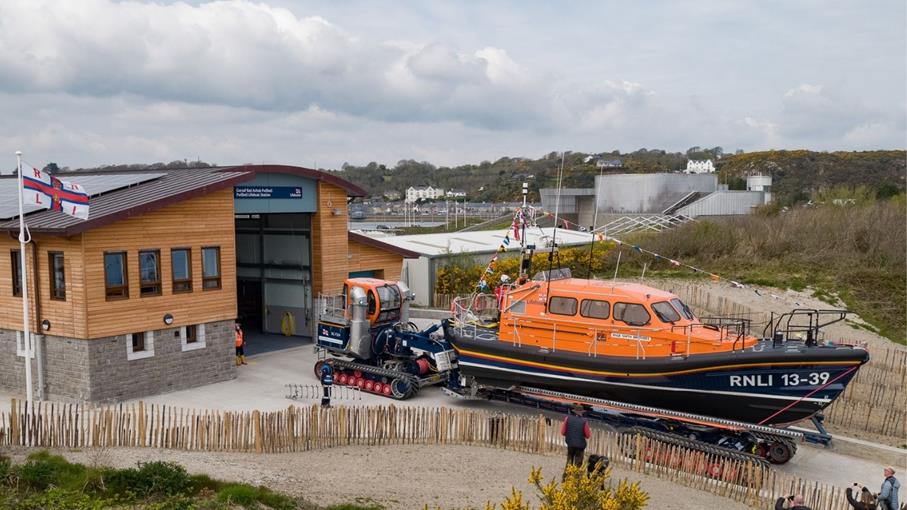 RNLI Pwllheli boathouse and Shannon class lifeboat